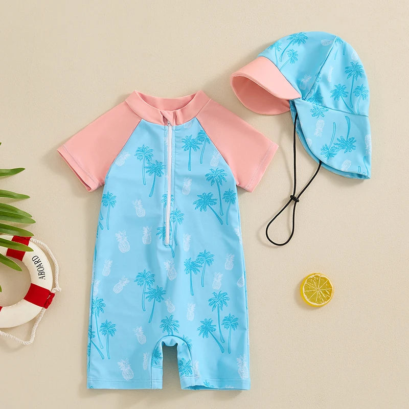 0-3Y Summer Baby Boys Beach Swimwear Casual Color Patchwork Shark/Tree Print Short Sleeve Zip Up Bathing Suit