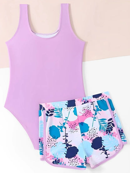 Girls Swimsuit One Pieces With Shorts Kids Swimwear Female Children's Bathers Bathing Swimming Swim Suit Summer Beachwear