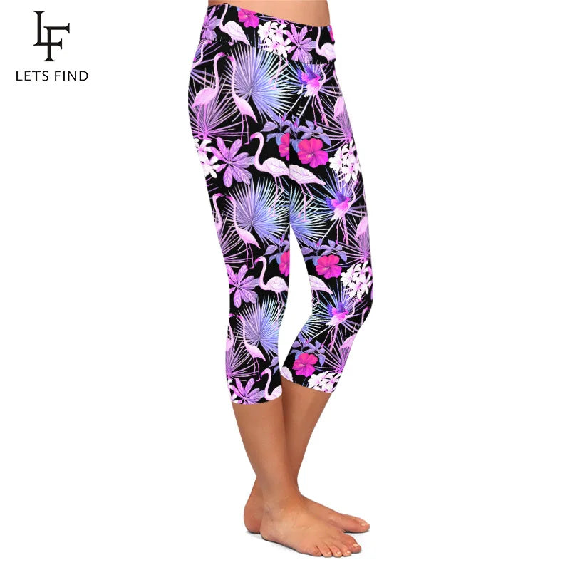 LETSFIND 3D Tropical Plants and Flowers and Flamingo Print  Capri Leggings High Waist Slim Fitness Mid-Calf Leggings