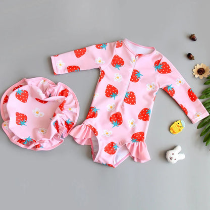 Long Sleeves Girls' Swimsuit With Hat Beachwear Surf One Pieces Colour Ruffle Kids Girls Summer Swimsuits Princess