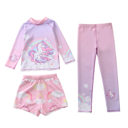 Kids Swimsuit for Girls Unicorn Long Sleeve Children's Swimwear + Surf Pants + Swimming Trunks Rash Guard Bathing Suit Child