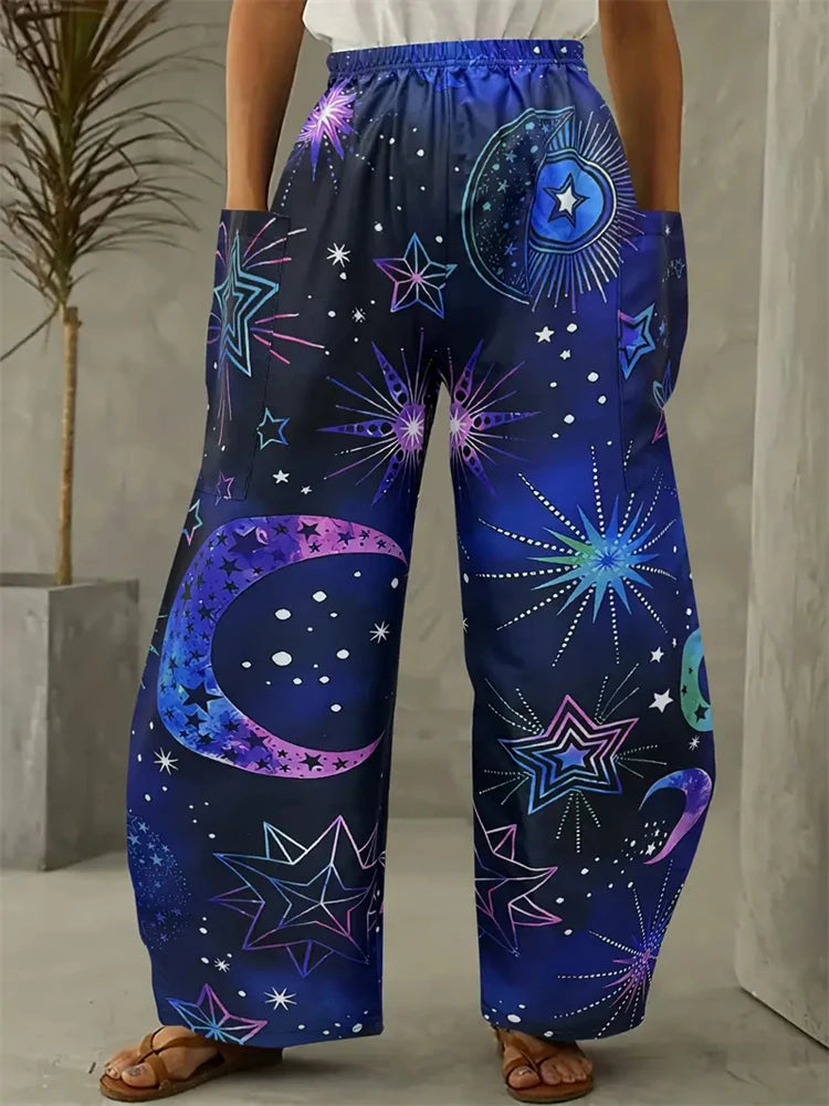 Simple Star And Moon Abstract Sun Print Pants Fashionable European And American Ladies Wide-leg Pants Delicate And Elegant Pants