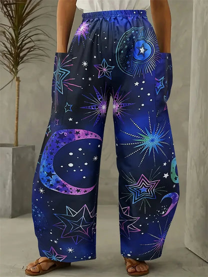 Simple Star And Moon Abstract Sun Print Pants Fashionable European And American Ladies Wide-leg Pants Delicate And Elegant Pants