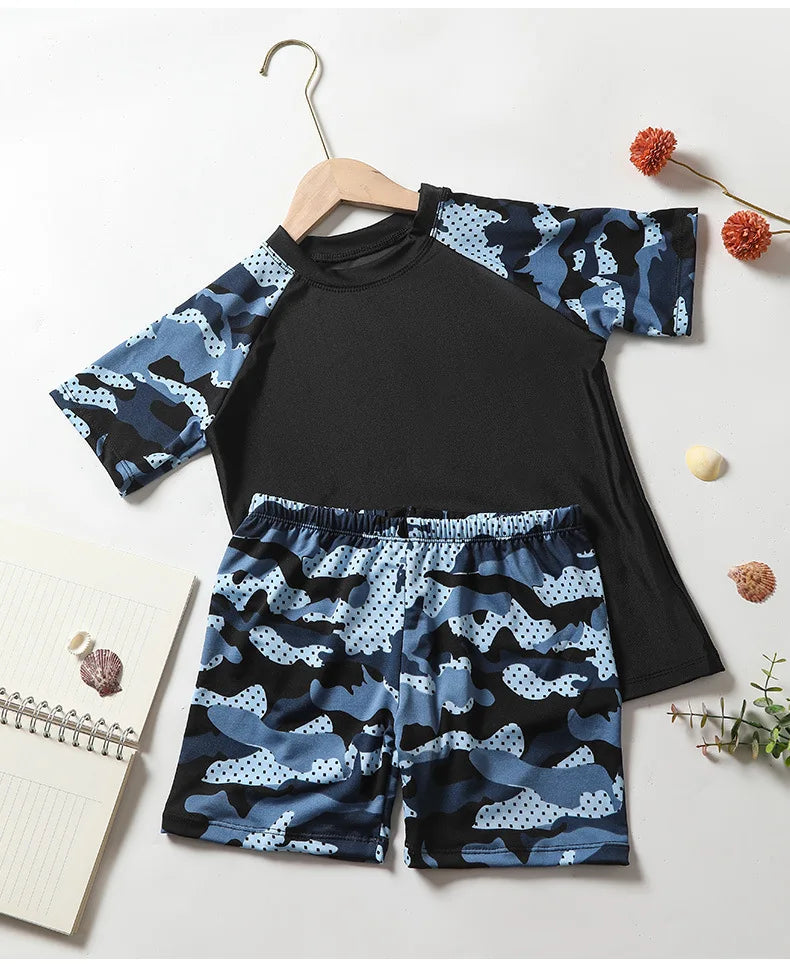 Camouflage Kids Swimsuit Boy Swim Trunks Set Surf Suit Boys Split Short Sleeve Swimsuit Korean Version Baby Swimsuit Plus Size