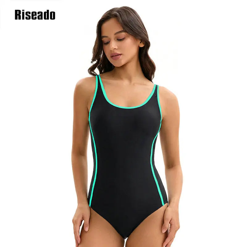 Womens Color Block Print One Piece Swimsuits Athletic Training Swimwear High Waist Slimming Bathing Suits
