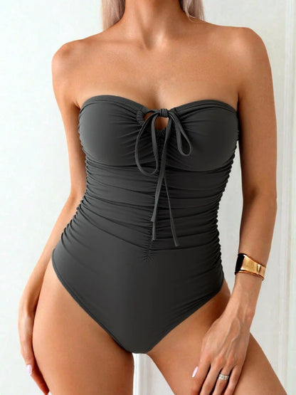Solid Color Front Tie Bandeau Swimsuit, Beach Holiday Summer Swimwear Bathing Suit For Women