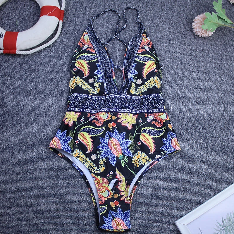 Women Vintage Backless One Piece Swimwear Woman Swimsuit Deep V Summer Beachwear Print Slimming Bathing Suit Femme