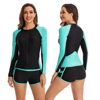 Women's Two Piece Long Sleeve Bathing Suits UV Protection Rash Guard Surfing Swimsuit Print Tankini Set Zip Padded Shirt+Shorts