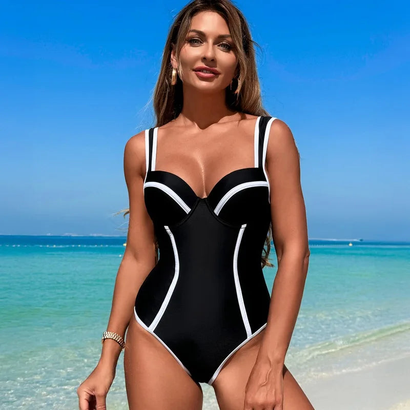 Vintage Black White Patchwork One Piece Swimsuit Women Halter Push Up Underwire Slim Bathing Suit Backless Holiday Swimwear