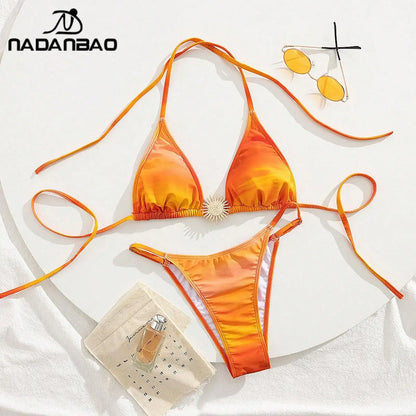 Orange Blue Gradient Print Swimsuit Women Halter Bikini Fashion Sun Metal Lace Swimwear Summer Beach Vacation Wear