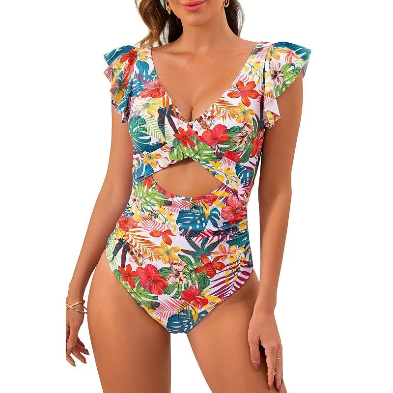 Nadanbao Fashion Elegance One-Piece Swimsuit Women Plicated Bikini Female Hollow Out Backless Flounce Beach Party Swimming Suit