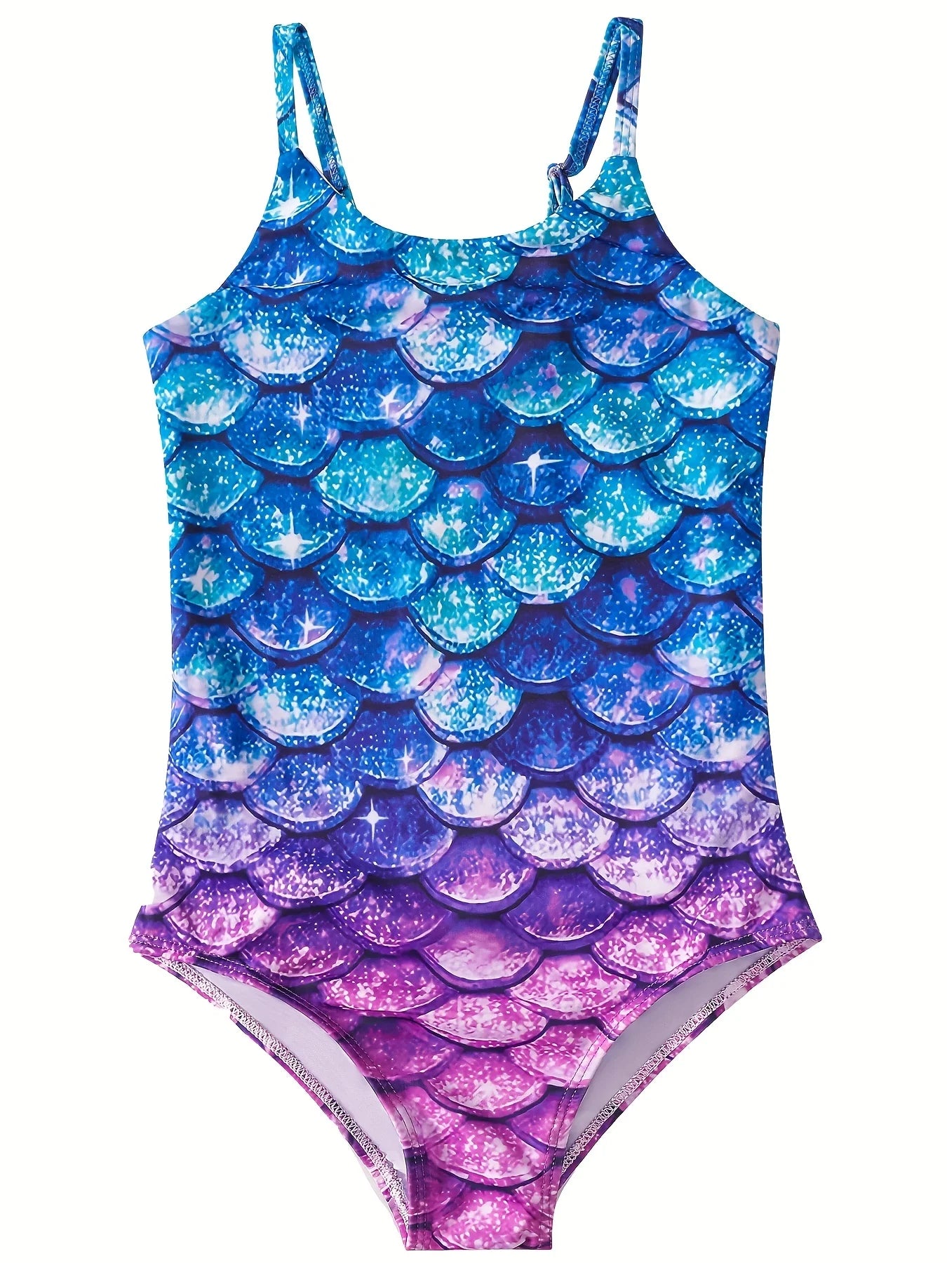 Bikini-cut Bottom Girls Swimsuit, One-Piece Sleeveless 3D Scale Print Swimwear, Beach Half Backless, Kids Ages 3-12 Swim, Summer