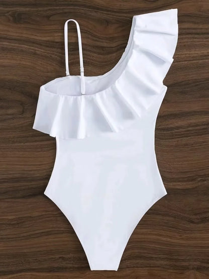 Ruffle Contrast Mesh Swimsuit Women One Piece Swimwear Bodysuit Bathers Bathing Swimming Swim Suit Sports Beachwear