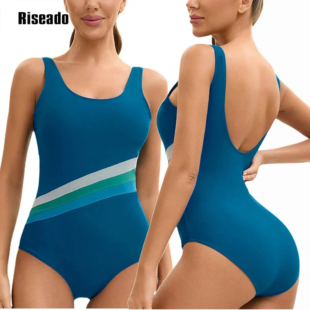 One Piece Swimsuit Women U Back Color Block Print Bathing Suits Athletic Modest Swimwear