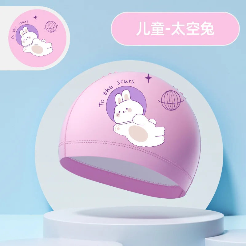 Children's Swimming Caps Boys Girls Kids Cartoon Swim Hat High Elastic Ear Protection PU Waterproof Swimming Cap