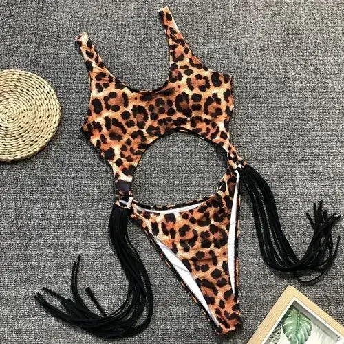 Splicing High Cut Out One Piece Swimsuit Women Tassel Swimwear Female Bathing Suit String Leopard Bikini Monokini Lady