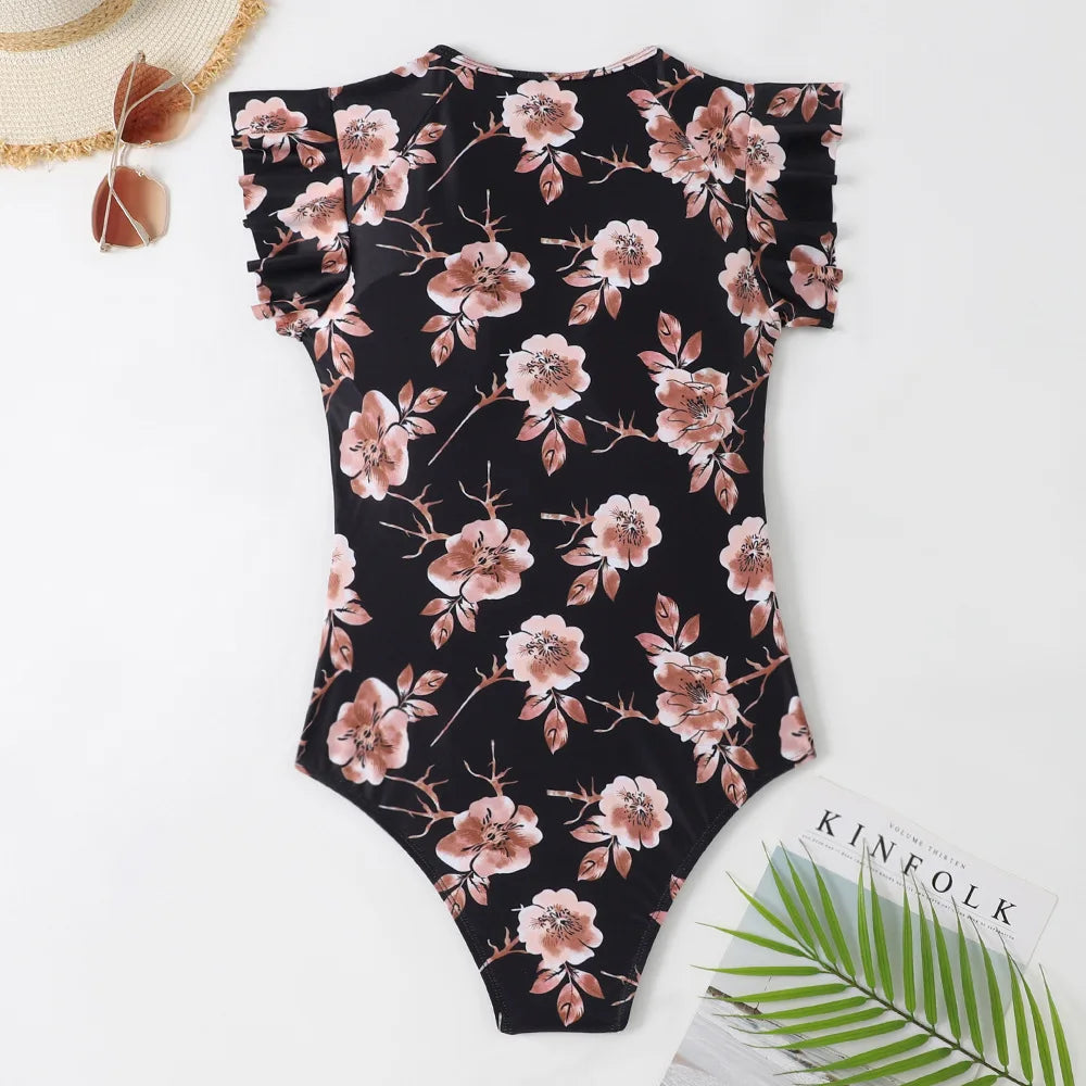 Nadanbao Sexy Bodysuit Swimsuit Women Floral Printing Fashion Swimwear Female Flounce Zipper Beach Party Surfing Beachwear