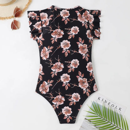 Nadanbao Sexy Bodysuit Swimsuit Women Floral Printing Fashion Swimwear Female Flounce Zipper Beach Party Surfing Beachwear