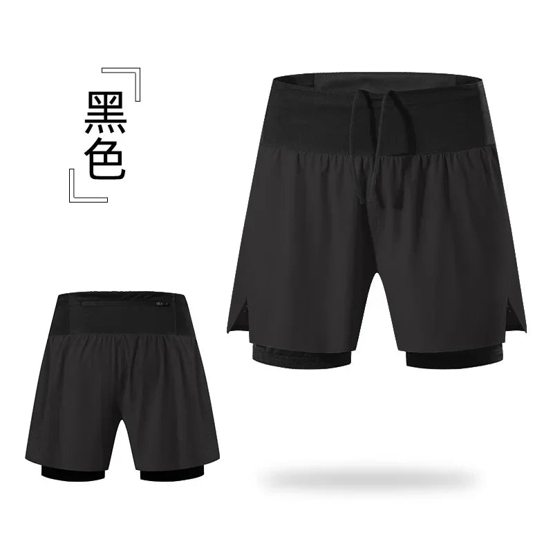 Double-deck Outdoor Marathon Basketball Running Men's Gym Fitness Run Shorts Quick Drying Pocket Training Jogging Workout Shorts