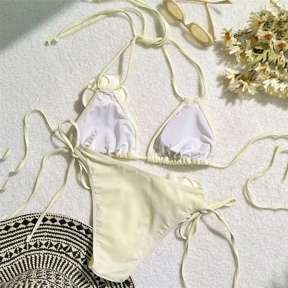 Flower Bandeau Swimwear Thong Bikini Women Lace-up Swimsuits Swimming Bathing Suit Brazilian Bikinis Set