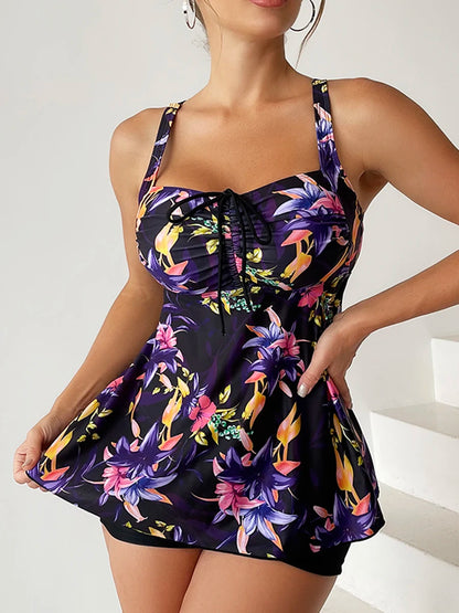 Floral Printed Tankini Set Two Piece Swimsuit Short Women Drawstring Swimwear Female Bathing Suit Beachwear Swimming Summer