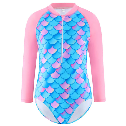 Swimwear Kids Girl Patchwork Pink Long Raglan Sleeve Swimming Suit Kids Scale Print Pattern Swimsuit Bikini Cut Bottom Zipper