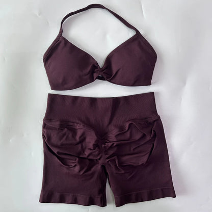 2PCS Gym Set Women Strappy Yoga Bra Top High Waist Workout Scrunch Shorts Sports Suit Seamless Yoga Set Fitness Clothes