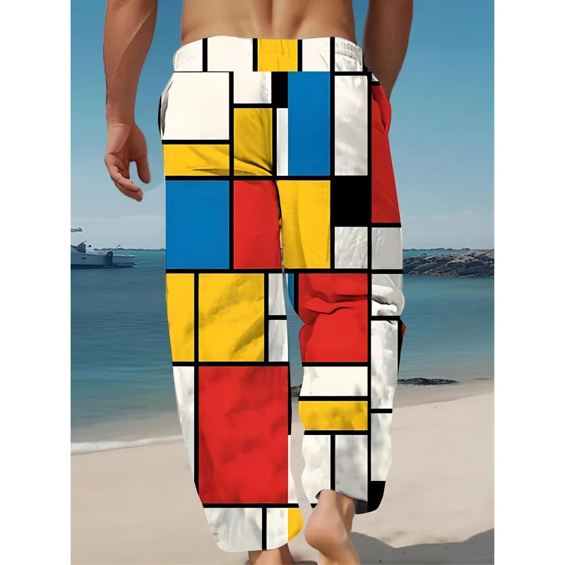 Mens Drawstring Trousers Relaxed Comfortable Geometric Patterned Loose Fit Pants With Elastic Waist  Casual Summer Daily Wear