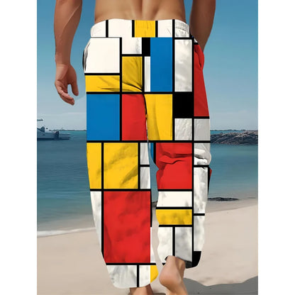 Mens Drawstring Trousers Relaxed Comfortable Geometric Patterned Loose Fit Pants With Elastic Waist  Casual Summer Daily Wear