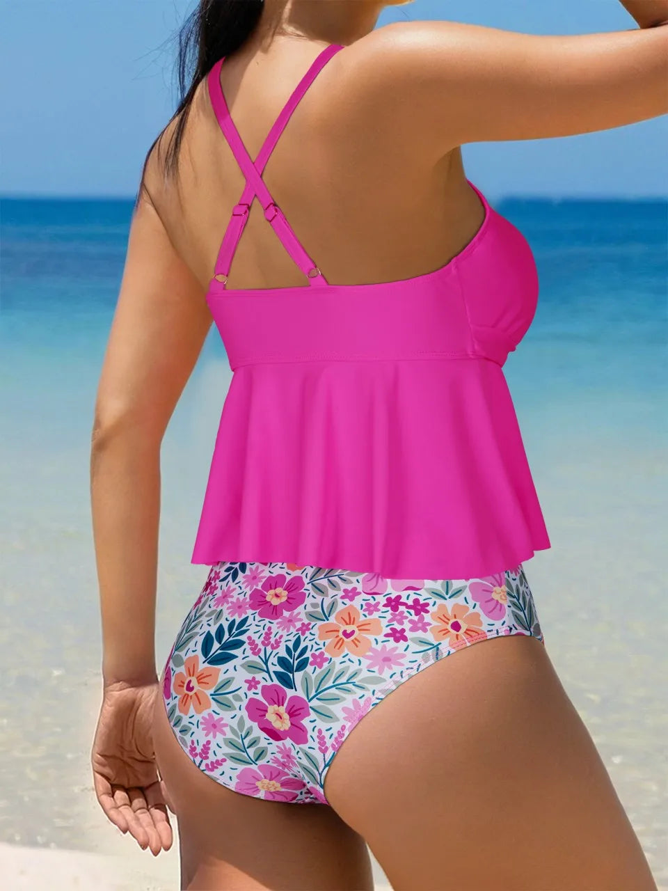 Strappy Floral Printed Tankini With Skirt Swimsuit Women Two Piece Twist Swimwear Female Bathing Swim Suit Padded Beachwear
