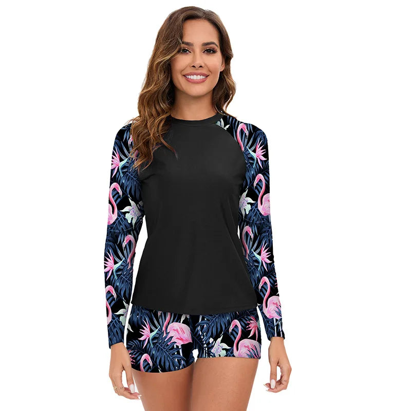 New Women Split Swimwear Long Sleeve Printed Bikini Sexy Surf Sports Swim Suit