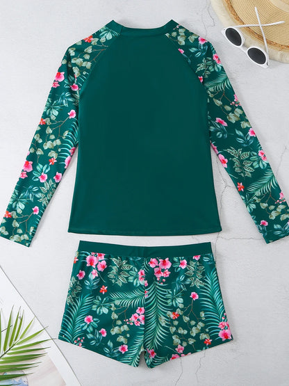 Long Sleeve Surfing Swimsuit Print Swimwear Women Two Pieces Diving Clothes Beachwear Bathing Swimming Swim Suit