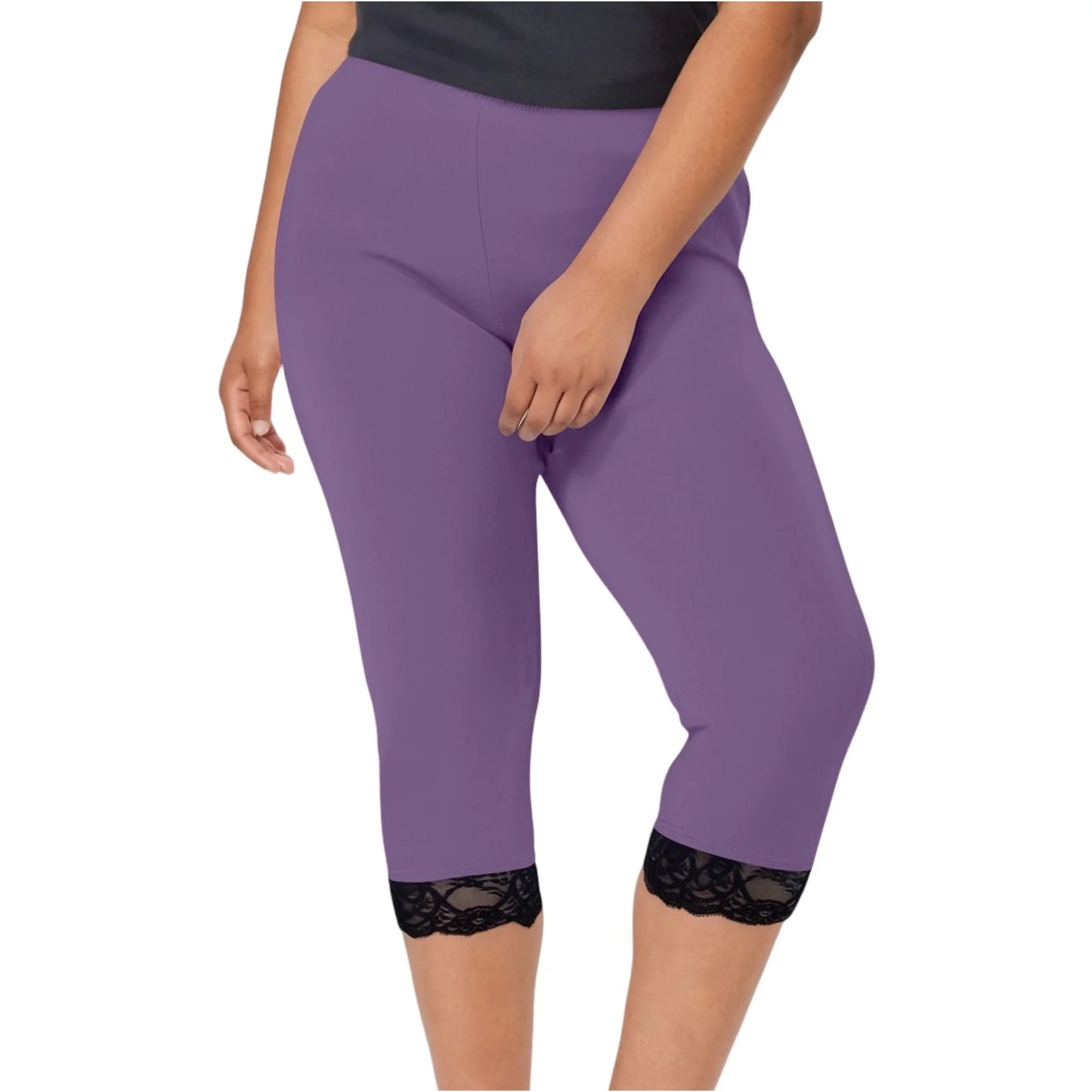 Plus size yoga pants women's fashion large solid color lace splicing bottom pants with elastic waist sports cropped pants