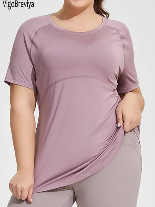 Women Solid Plus Size Yoga Top Loose Fitness Big Sports T-shirts Short Sleeve Gym Running Curvy Workout Tops