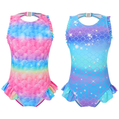 Kids Girls Mermaid Swimsuit Sleeveless Fish Scales Print Ruffle Flounce Jumpsuit Bathing Suit Pool Beach Athletic Swimwear