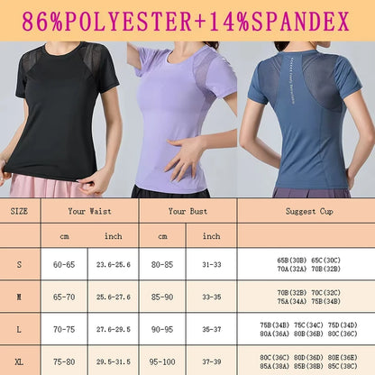 PofyBofy Mesh Stitching Reflective Strip Back Quick Dry Elastic Breathable Basic Short Sleeve Yoga T-shirt Women Gym Fitness Top
