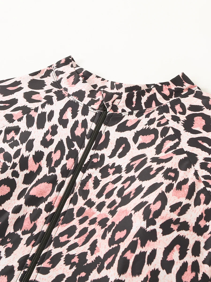 Leopard Long Sleeve Surfing Swimsuit With Zipper Women Swimwear Female Bathers Bathing Swimming Swim Suit Beachwear