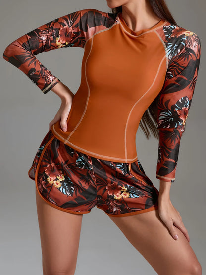 Two Pieces Surfing Swimsuit Female Long Sleeve Rash Guard Print Swimwear Women Diving Sporty Beachwear Bathers Bathing Swimming Suit