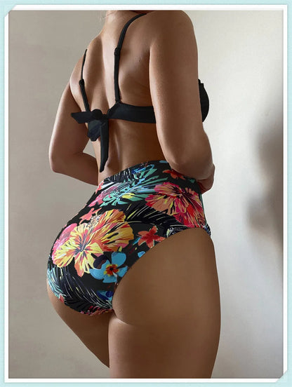 Solid Bandeau Bikini Set Women Tropical Printed Swimwear Female Push Up Swimsuit High Waist Bathing Suit Tie Back Beachwear