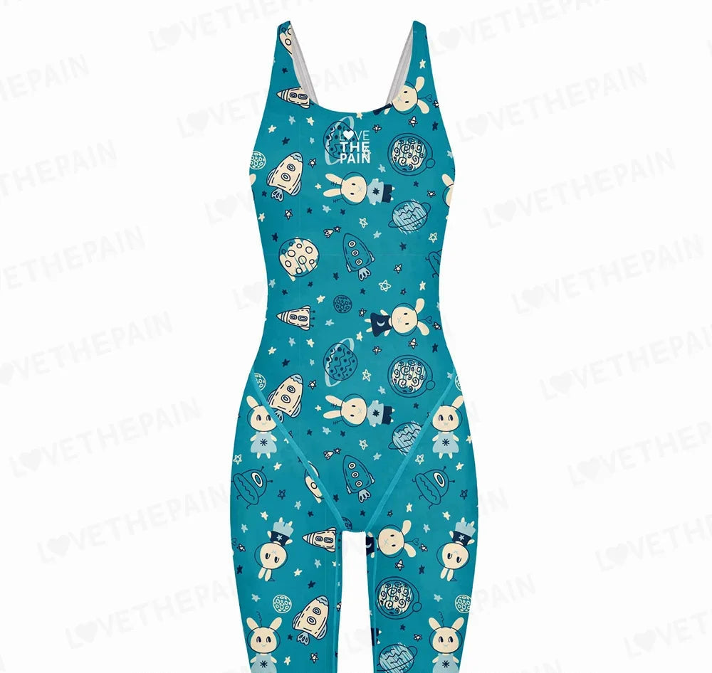 Girls Love The Pain Interesting Print Swimwear Competitive Swimming One Piece Swimsuit Knee Length Bathing Suit Beach Wear
