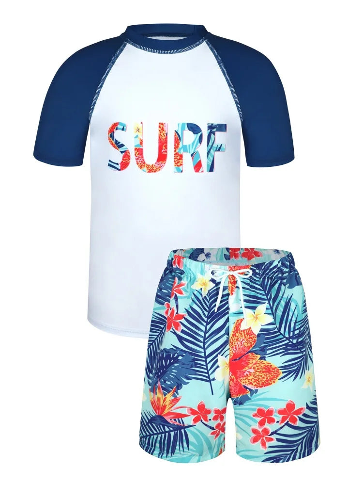 Boys' White Letter-Print Short-Sleeve Rash Guard & Shorts Set