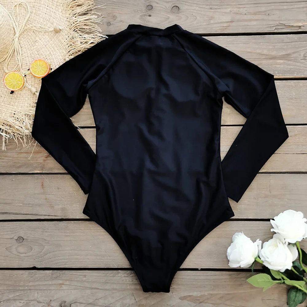 Surfing Sport Swimsuit Long Sleeves Women One Piece Swimsuit Rash Guard Swimwear Solid Monokini Bathing Suit Tropical Bodysuit Female