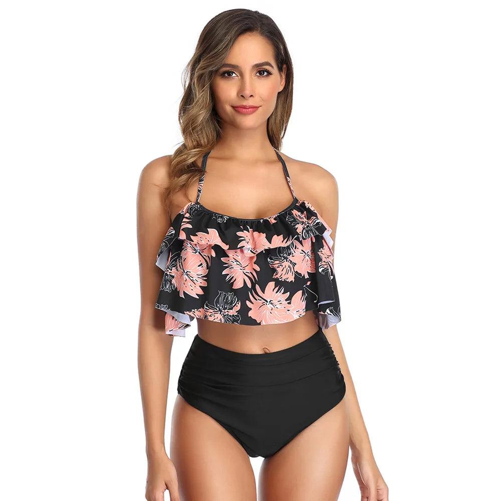 Swimwear Women Halter Ruffle Bikinis High-Waist Split Two-Piece Off Shoulder Swimsuit Pool Beachwear Bathing Suit Plus Size XXL