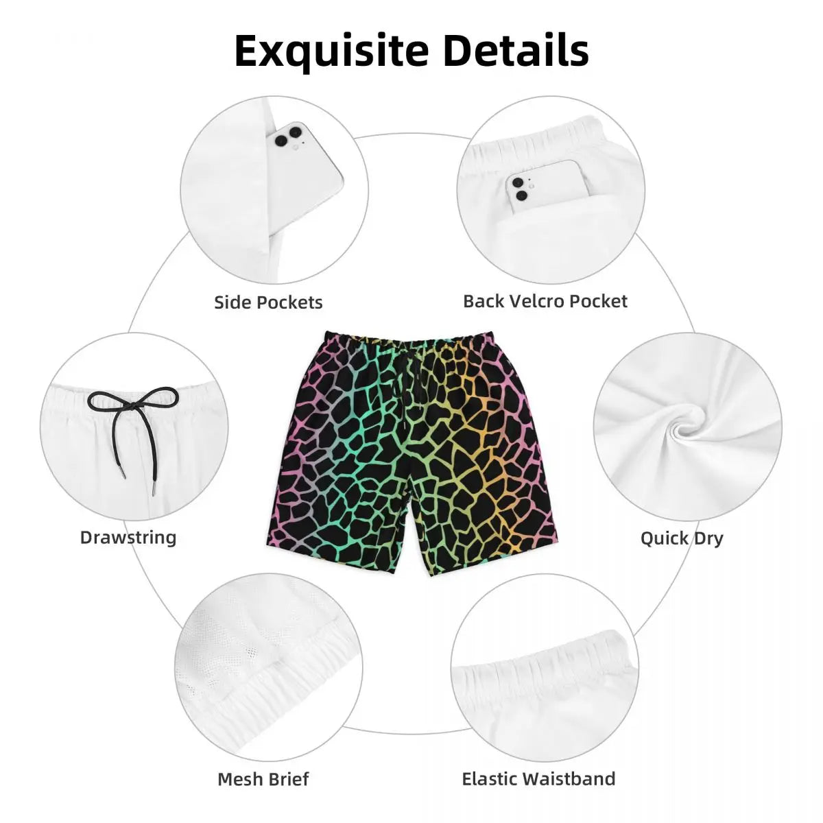 Rainbow Giraffe Board Shorts Summer Animal Print Board Short Pants Men Printed Running Surf Breathable Swim Trunks