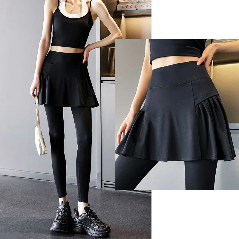 Side Ruched Women Tennis Skirted Leggings with Pockets Capris Yoga Leggings with Skirts Tennis Pickleball Clothing
