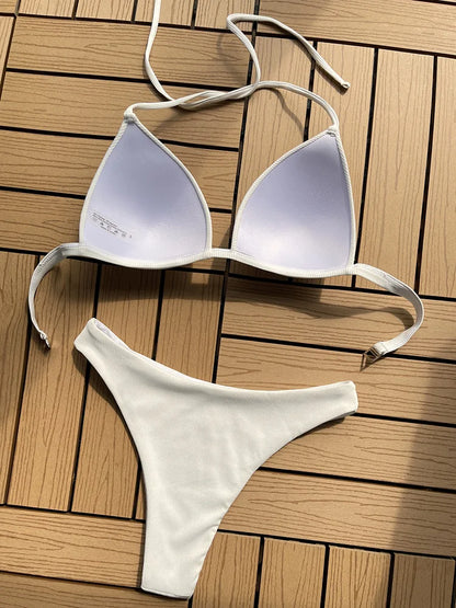 Halter Bra Cup Bikini Swimsuit Female White Swimwear Women Push up Bikini set Brazilian Bathing Suit Bandeau Swim suit