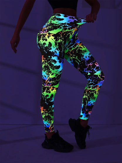 high-waisted, hip-lifting digital printed yoga pants, women's sports and fitness fluorescent hip-lifting tight pants