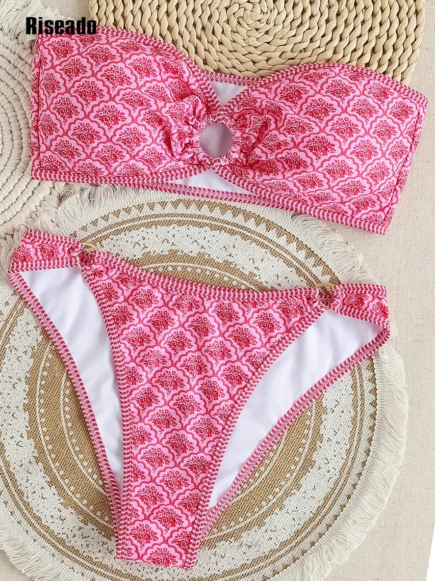 Women's Bandeau Off Shoulder Bikini Set Floral Print Whip Stitch 2 Piece Swimsuits Bathing Suits