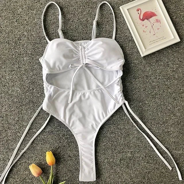 Splicing High Cut Out One Piece Swimsuit Women Tassel Swimwear Female Bathing Suit String Leopard Bikini Monokini Lady