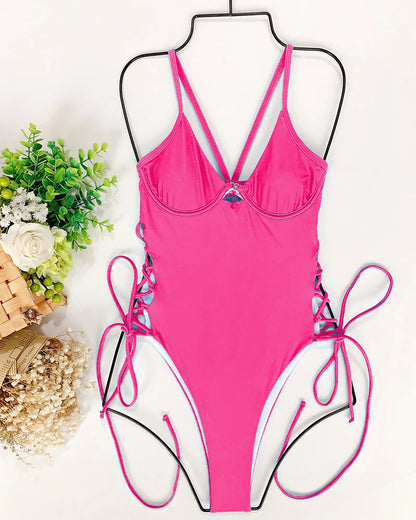 Splicing High Cut Out One Piece Swimsuit Women Tassel Swimwear Female Bathing Suit String Leopard Bikini Monokini Lady
